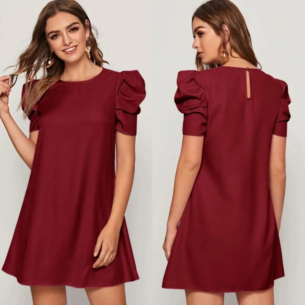 Puff sleeve babydoll shift dress keyhole cutout back short tunic green - Picture 6 of 8